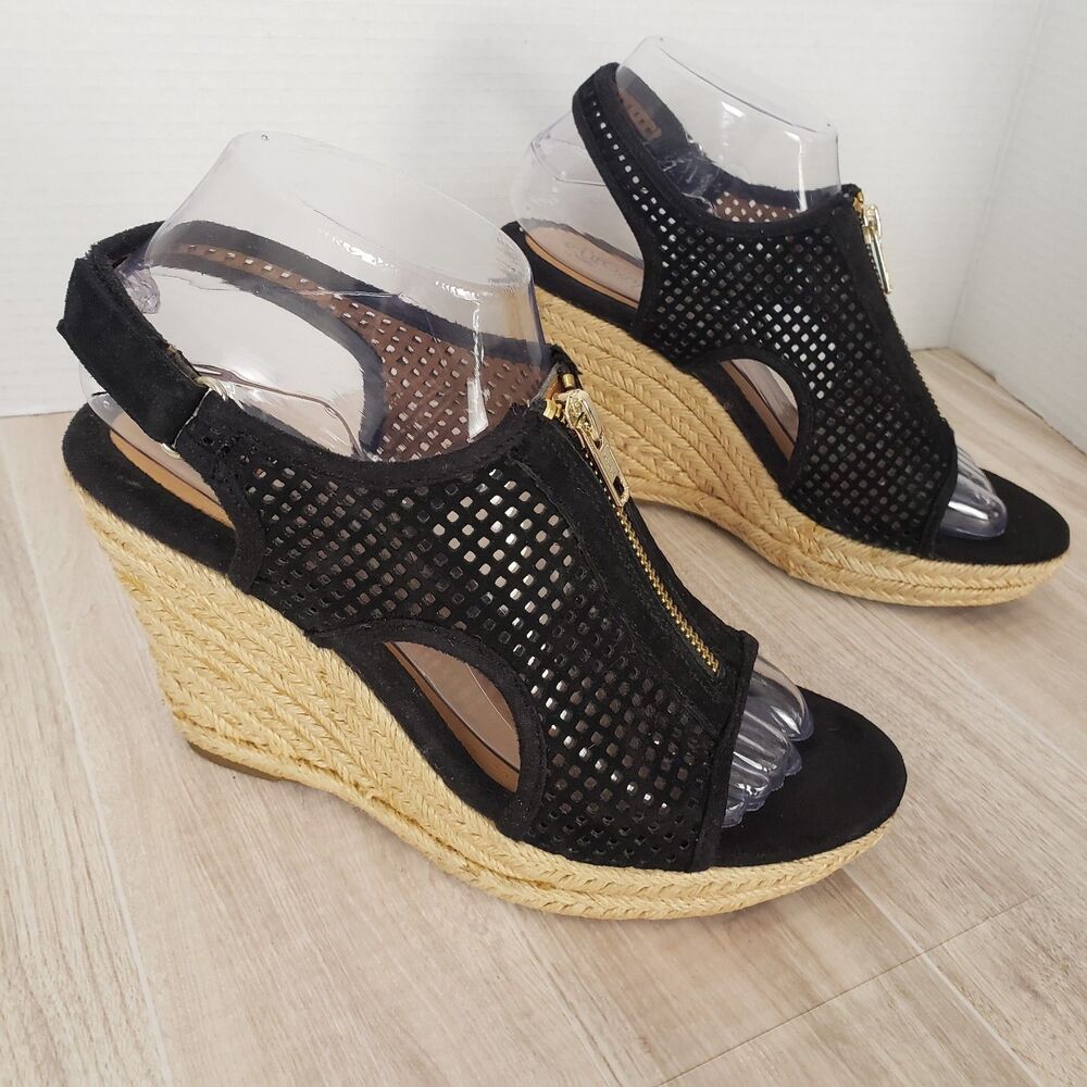Sofft  Black Suede Raffia Wedge Sandals Perforated Leather Sz 7.5 Ankle Strap